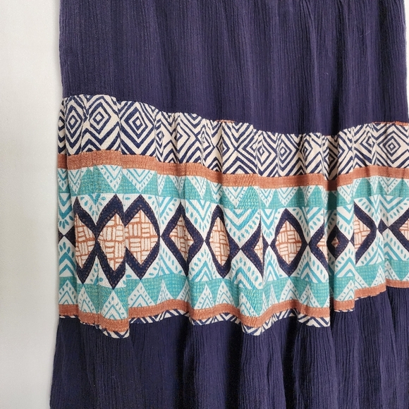 Vtg Boho Tiered Broom Skirt Blue Southwestern Aztec Midi Maxi - Picture 6 of 10